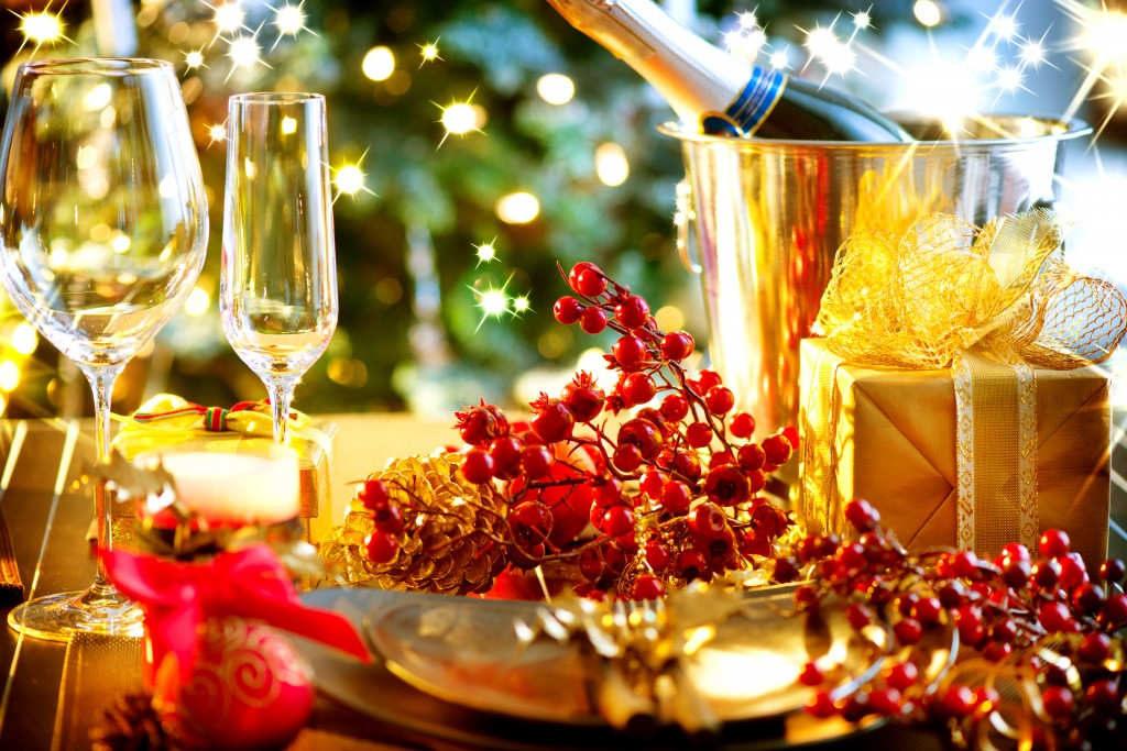 Christmas And New Year Holiday Table Setting with Champagne